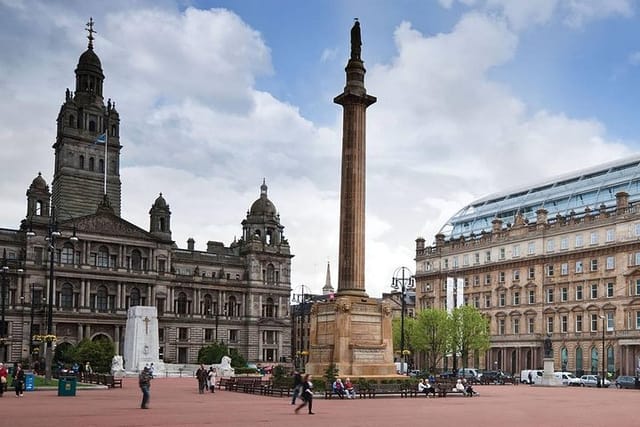 George square with city chambers in background in centre of Glasgow. Arrange to be picked up here or at a place of your convenience.